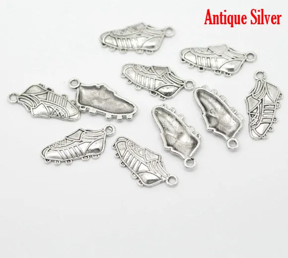 10 Antique Silver SPORTS RUNNING Shoes Soccer Cleats Pendant Charms . chs0358