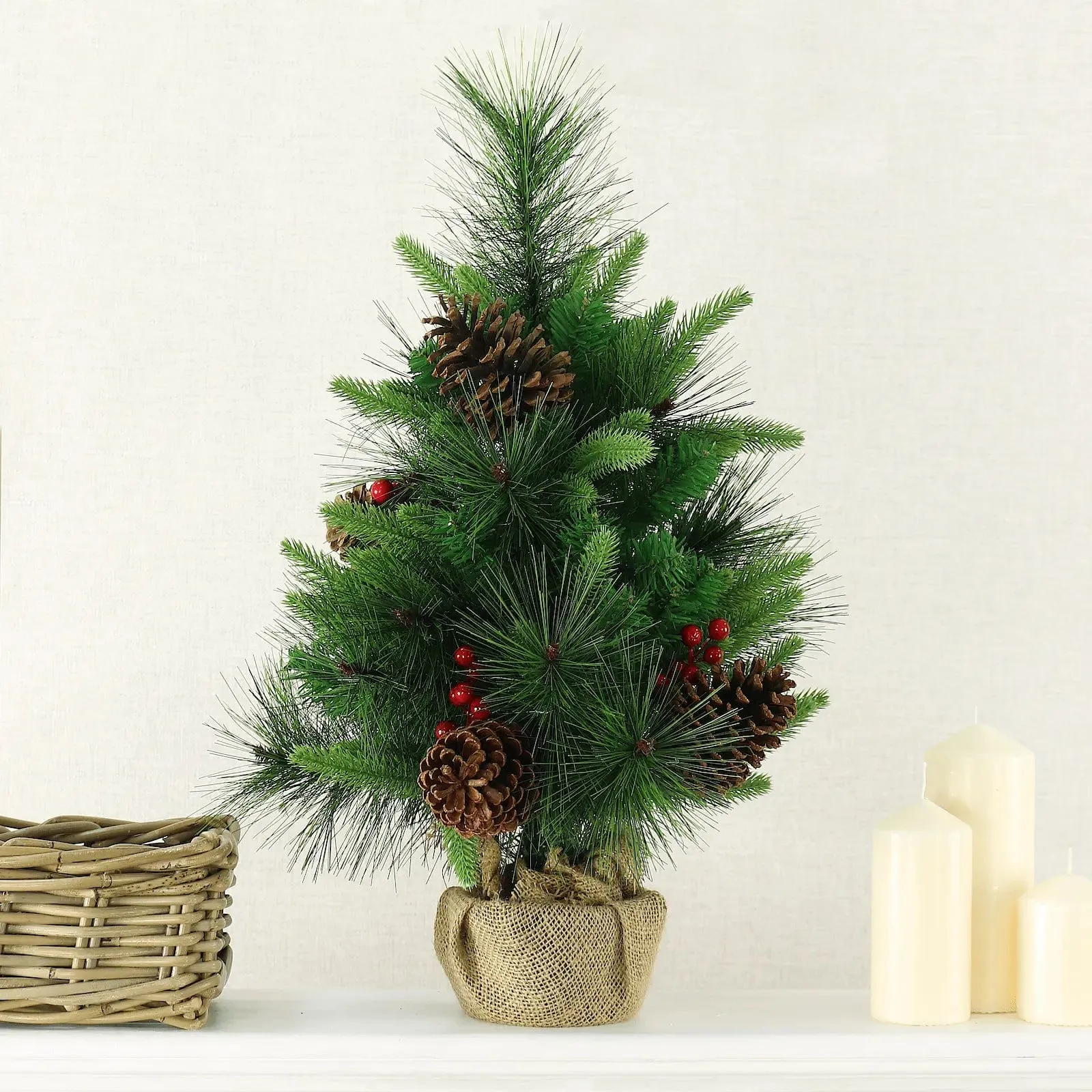 2ft (60cm) Christmas Tree Red Berries Cones Mixed Pine Jute Base