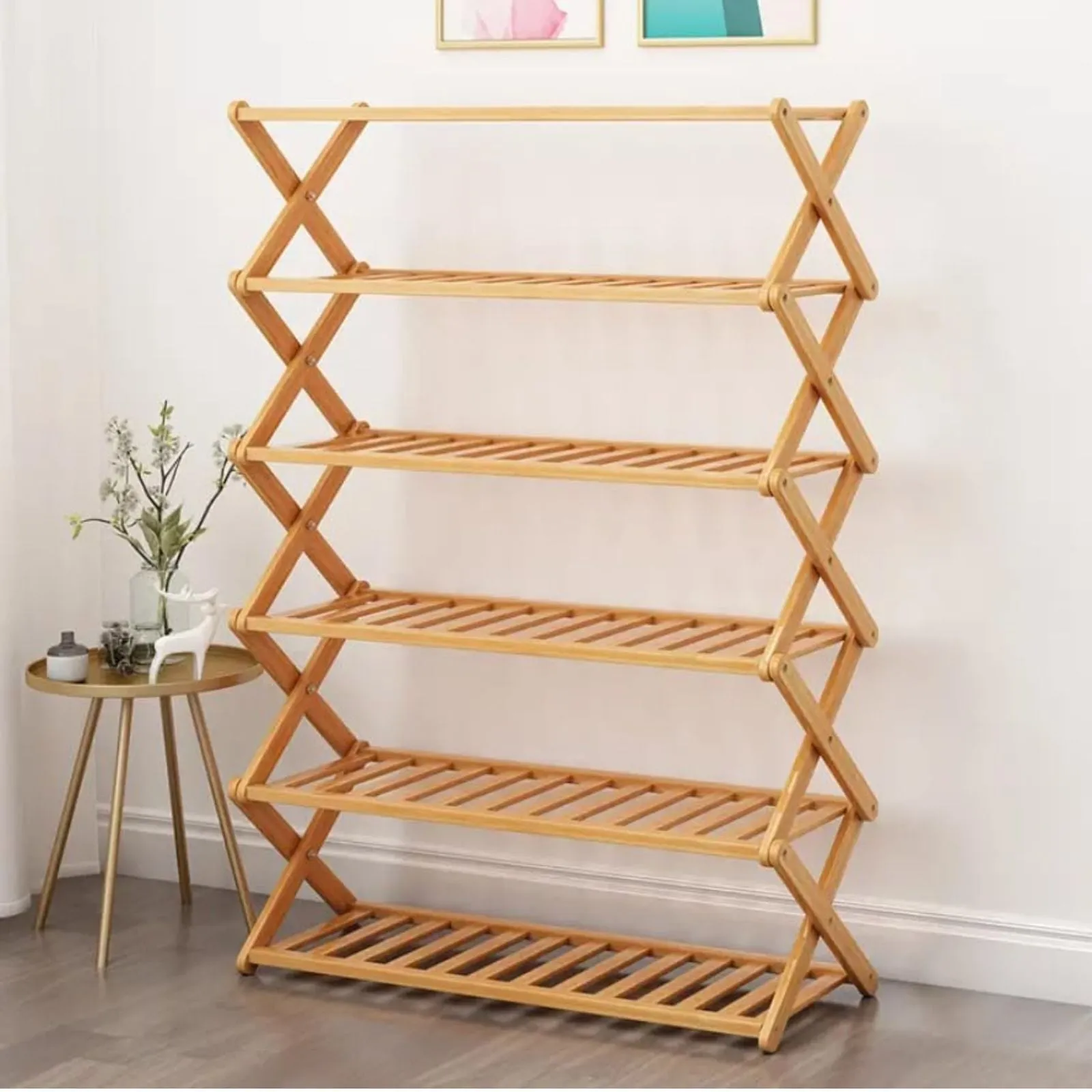 6 Tier Foldable Bamboo Shoe Rack, Eco-Friendly, Brown - Ekkio