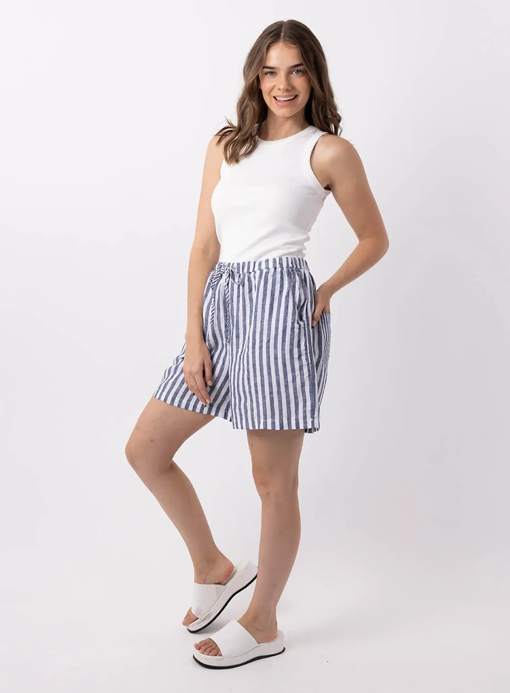 Abbi Stripe Linen Short-NAVY