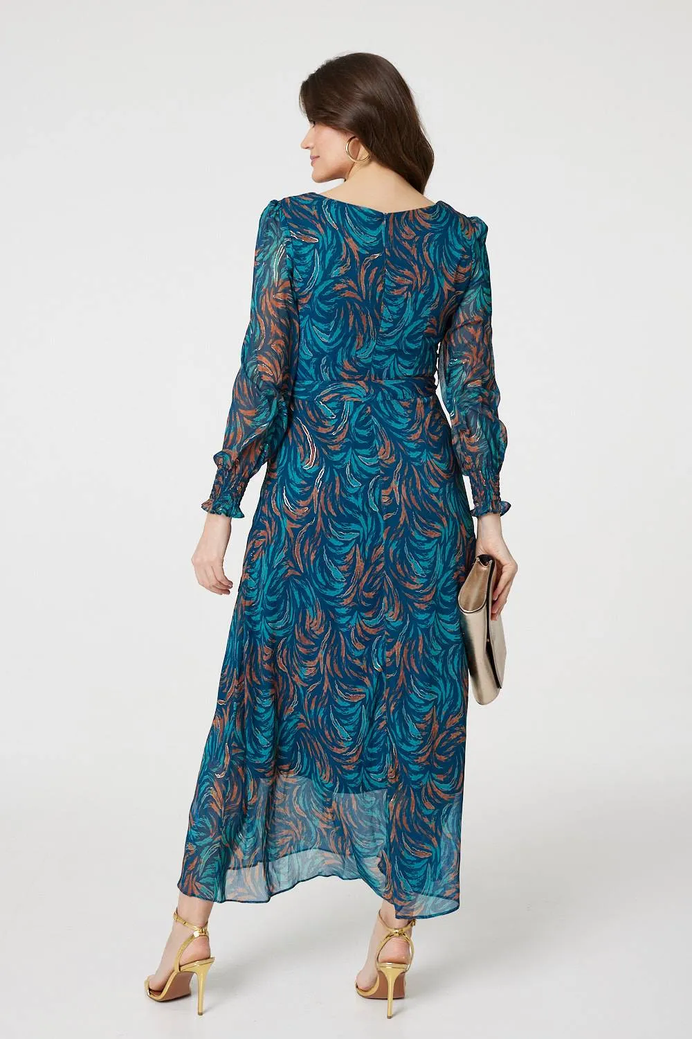 Abstract Long Sheer Sleeve Maxi Dress