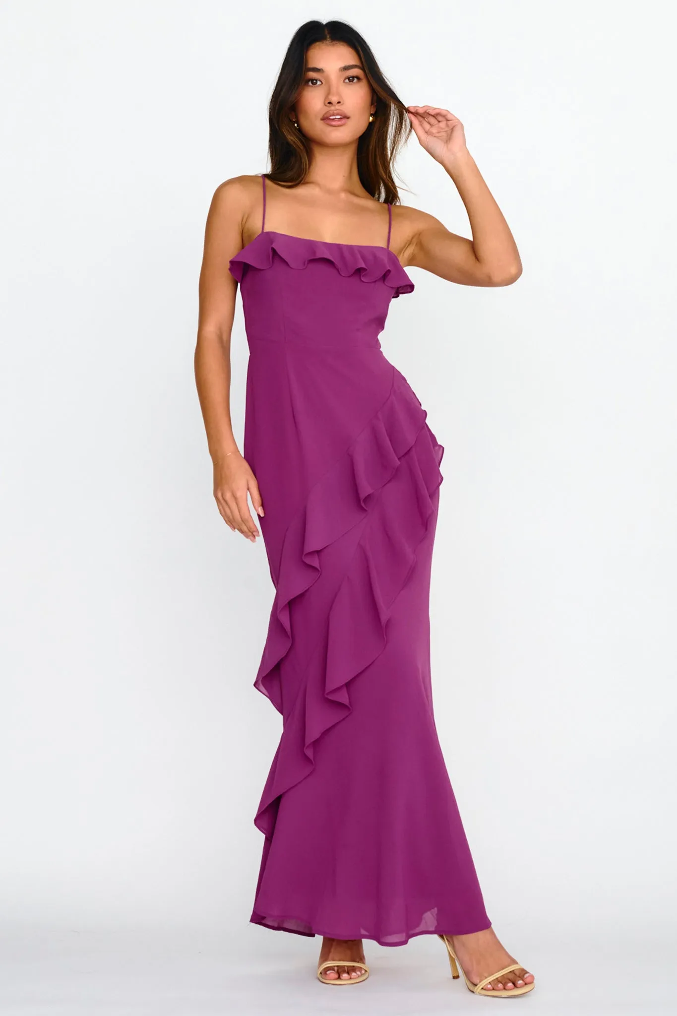 Actual Sunshine Ruffle Trim Maxi Dress Plum