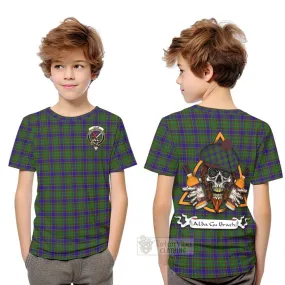 Adam Tartan Kid T-Shirt with Family Crest and Bearded Skull Holding Bottles of Whiskey