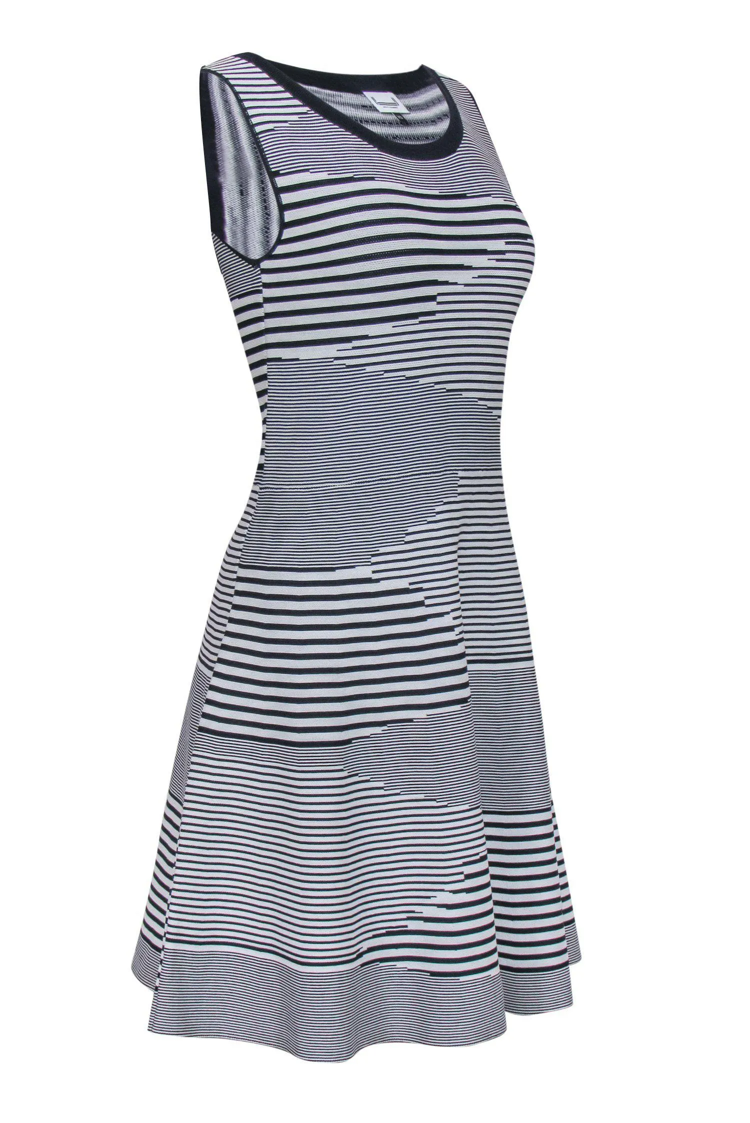 Adolfo Dominguez - White & Navy Abstract Striped Sleeveless Fit & Flare Dress Sz XS