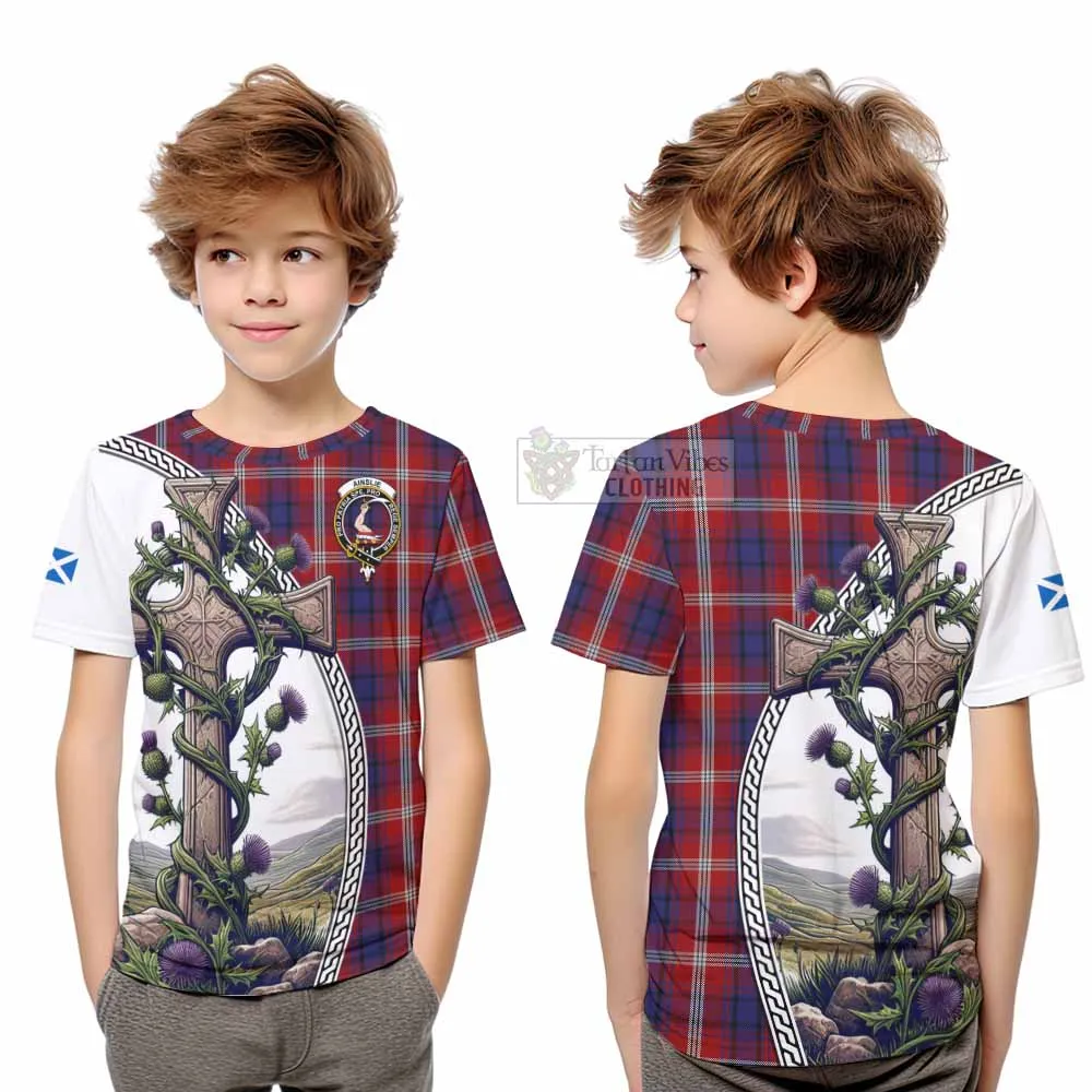 Ainslie Tartan Kid T-Shirt with Family Crest and St. Andrew's Cross Accented by Thistle Vines