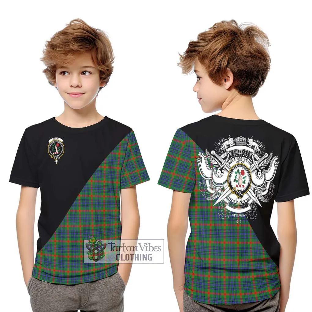 Aiton Tartan Kid T-Shirt with Family Crest and Military Logo Style