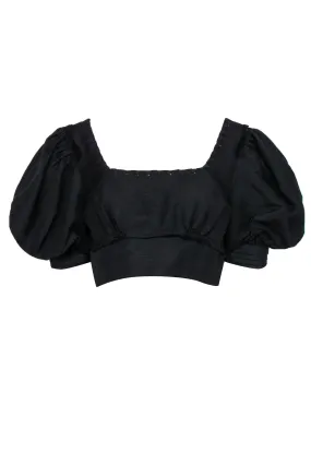 Aje - Black Puff Sleeve Cropped Blouse w/ Braided & Distressed Trim Sz 12