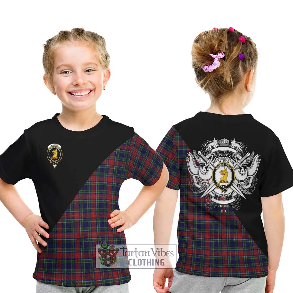 Allison Red Tartan Kid T-Shirt with Family Crest and Military Logo Style