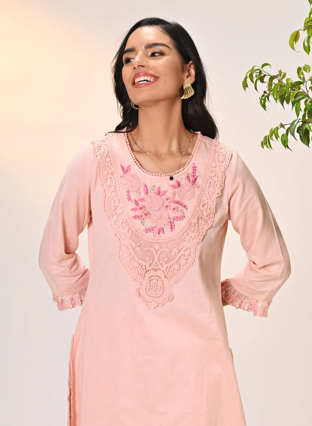 Amara Salmon Pink Embroidered Cotton Kurta Set for Women