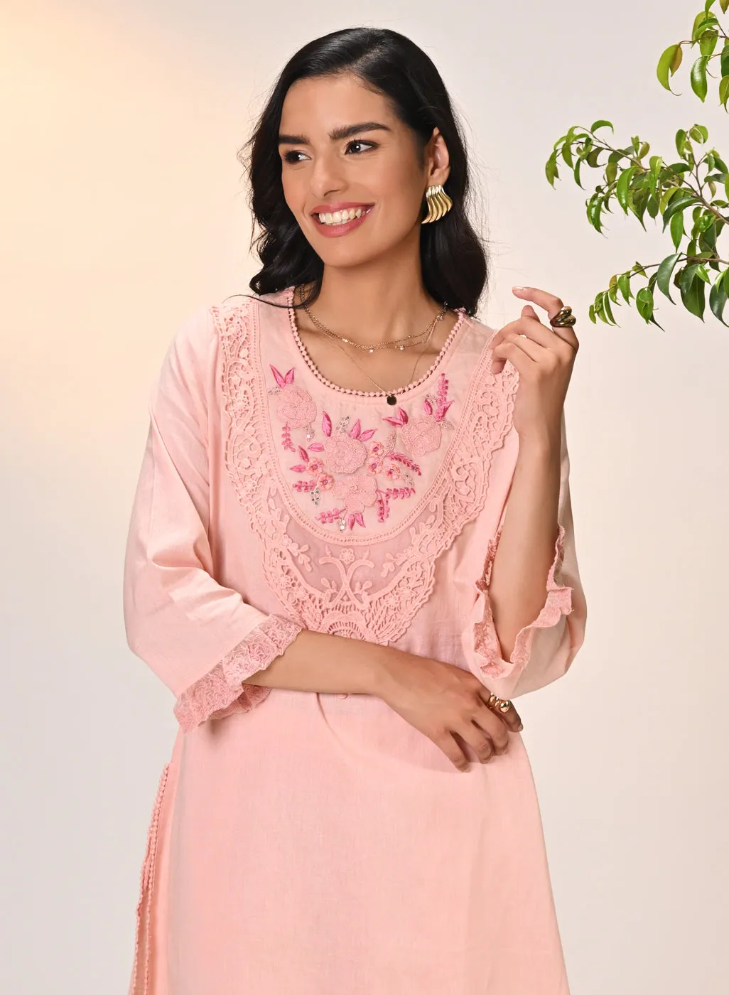 Amara Salmon Pink Embroidered Cotton Kurta Set for Women