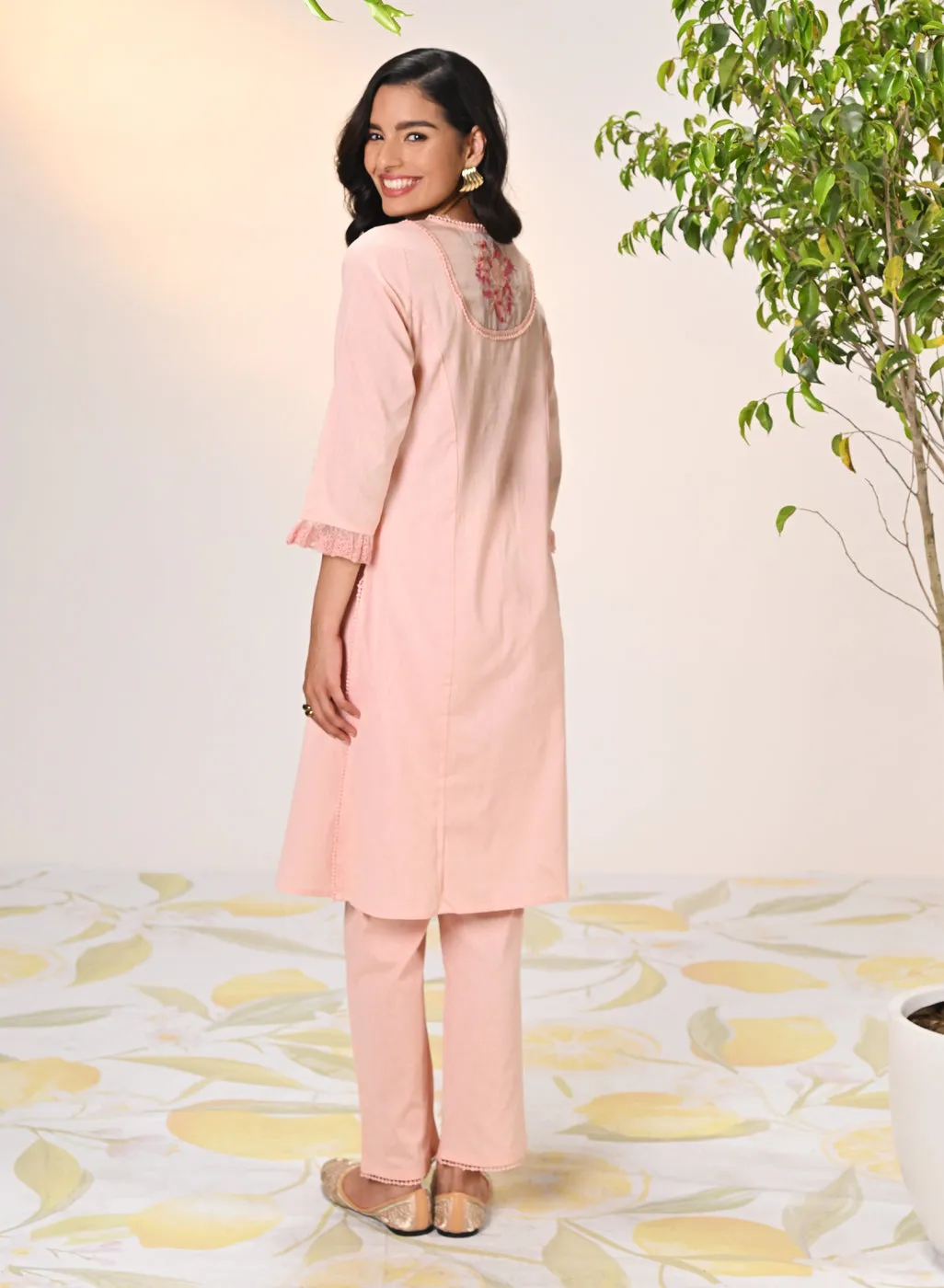 Amara Salmon Pink Embroidered Cotton Kurta Set for Women