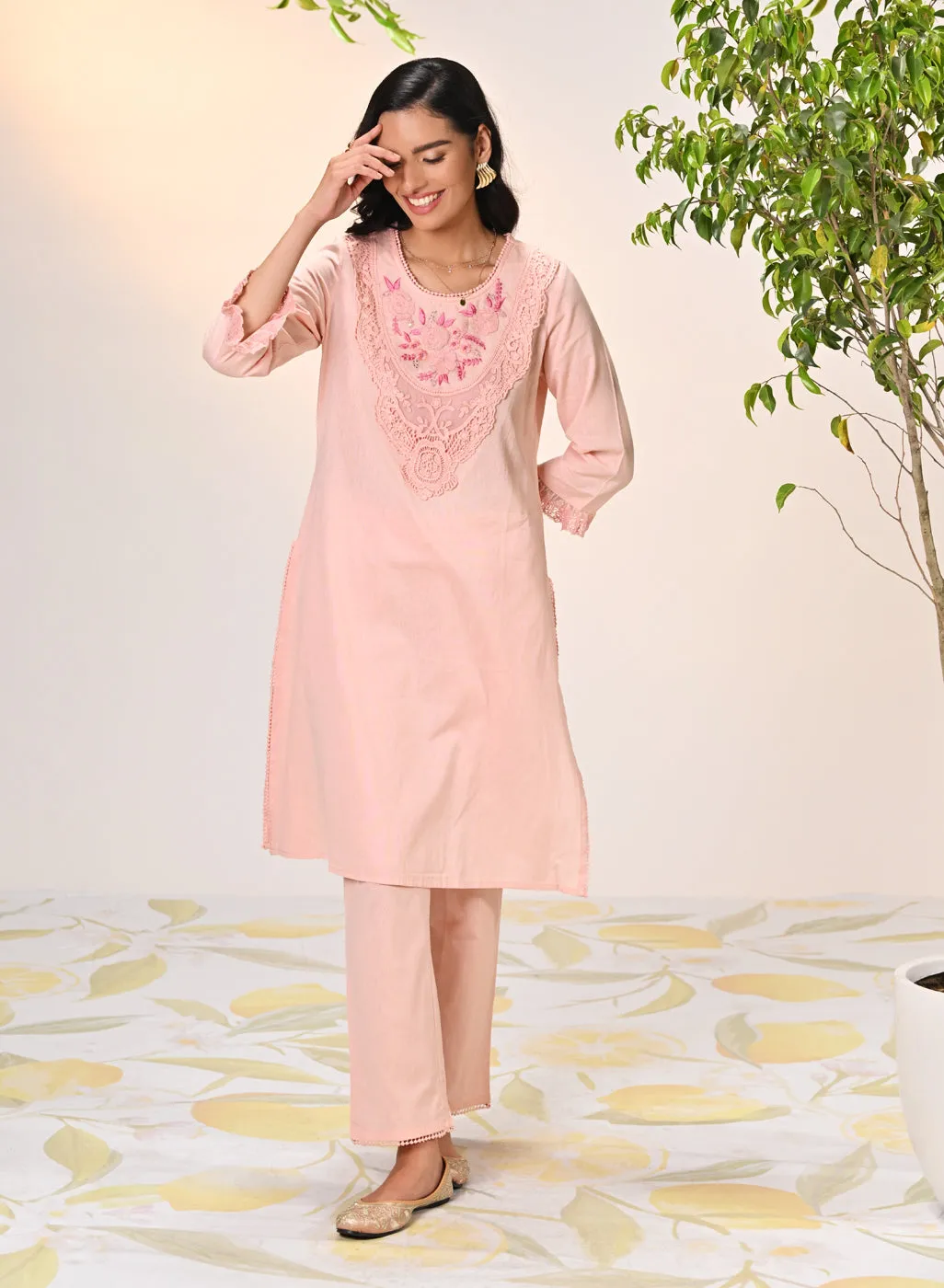 Amara Salmon Pink Embroidered Cotton Kurta Set for Women