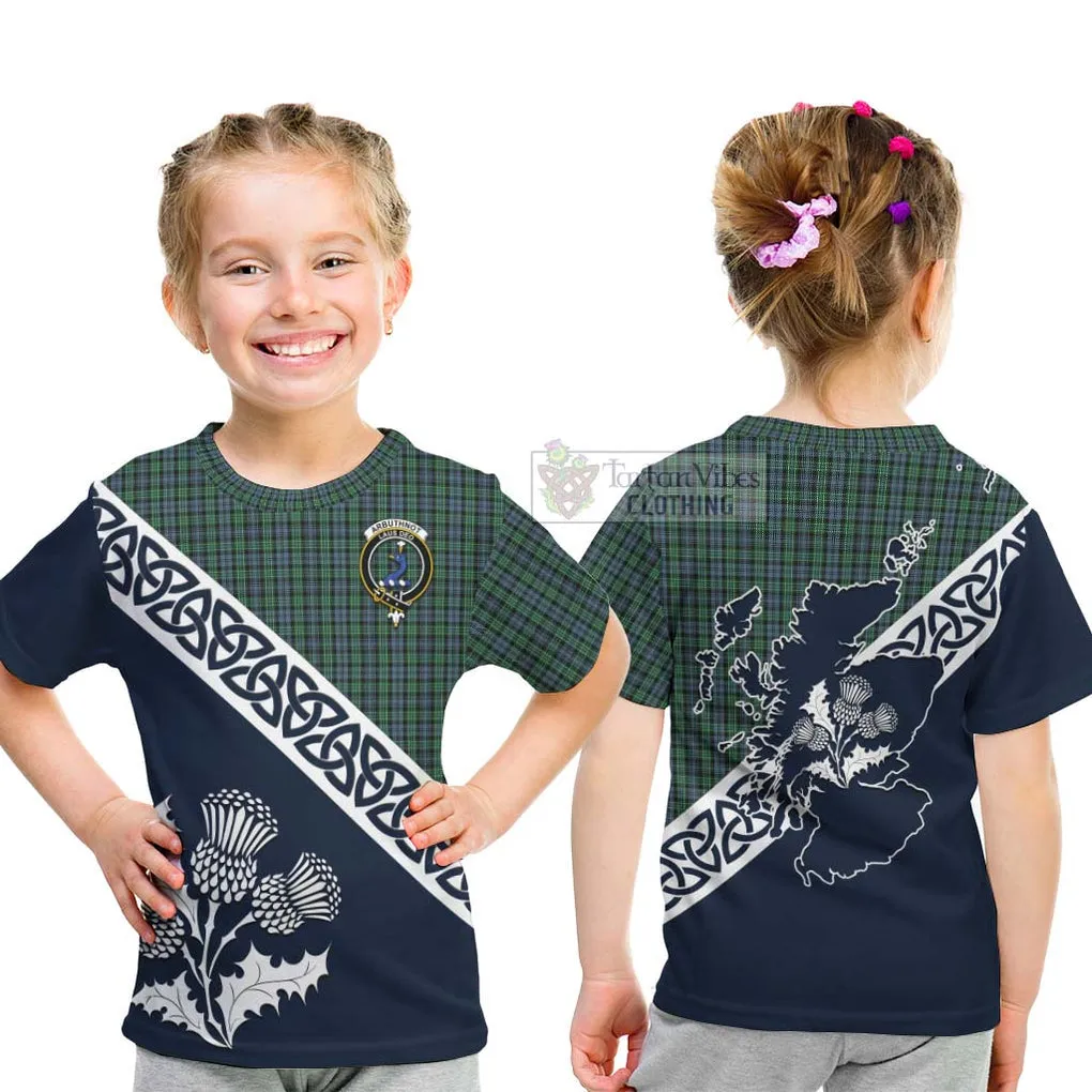 Arbuthnot Tartan Kid T-Shirt Featuring Thistle and Scotland Map