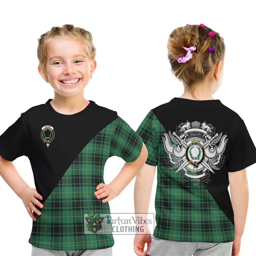 Arthur Ancient Tartan Kid T-Shirt with Family Crest and Military Logo Style