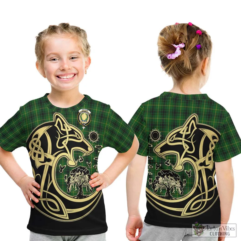 Arthur Tartan Kid T-Shirt with Family Crest Celtic Wolf Style