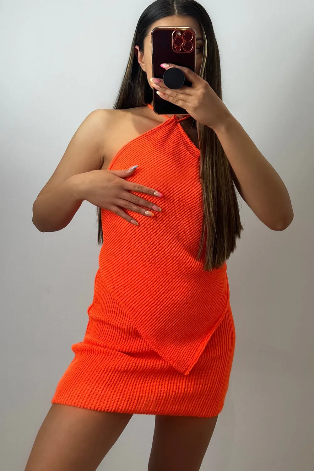 Ashley Neon Orange Knit Tie Back Bandana Top and Skirt Co-Ord Set