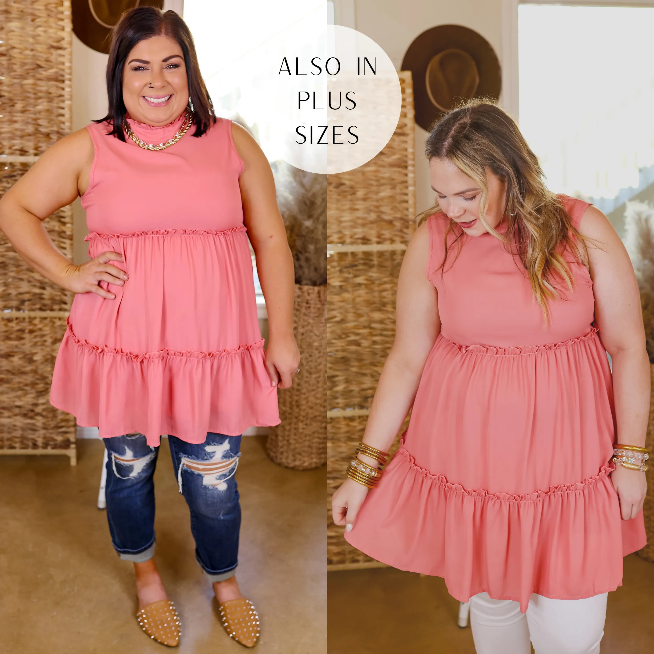 Attempt To Charm High Ruffle Neck Tank Tunic Top in Coral Pink