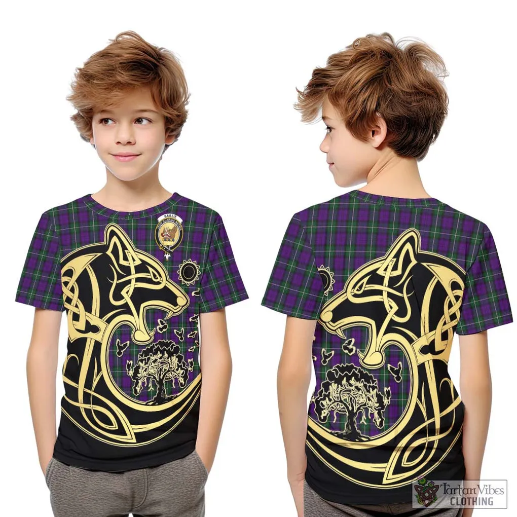 Baillie Highland Society Tartan Kid T-Shirt with Family Crest Celtic Wolf Style