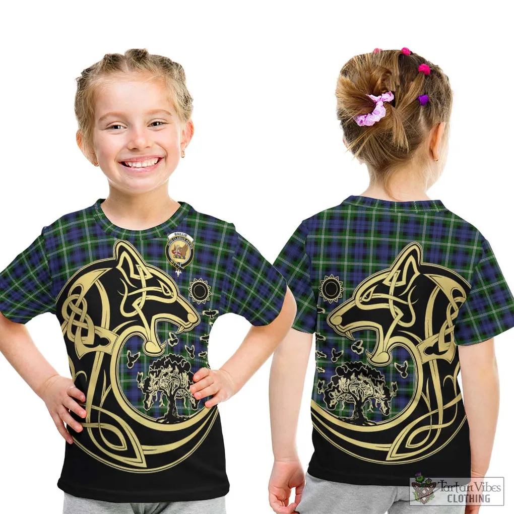 Baillie of Polkemmet Tartan Kid T-Shirt with Family Crest Celtic Wolf Style