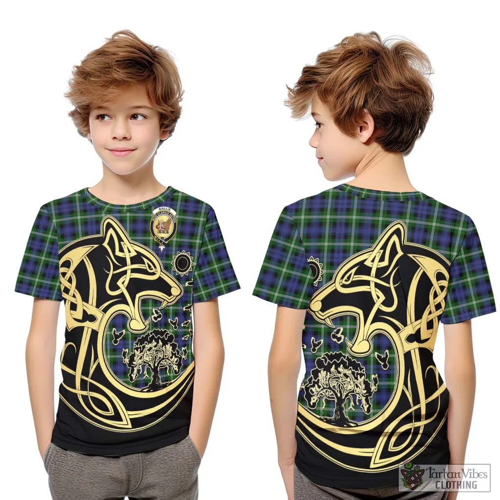 Baillie of Polkemmet Tartan Kid T-Shirt with Family Crest Celtic Wolf Style