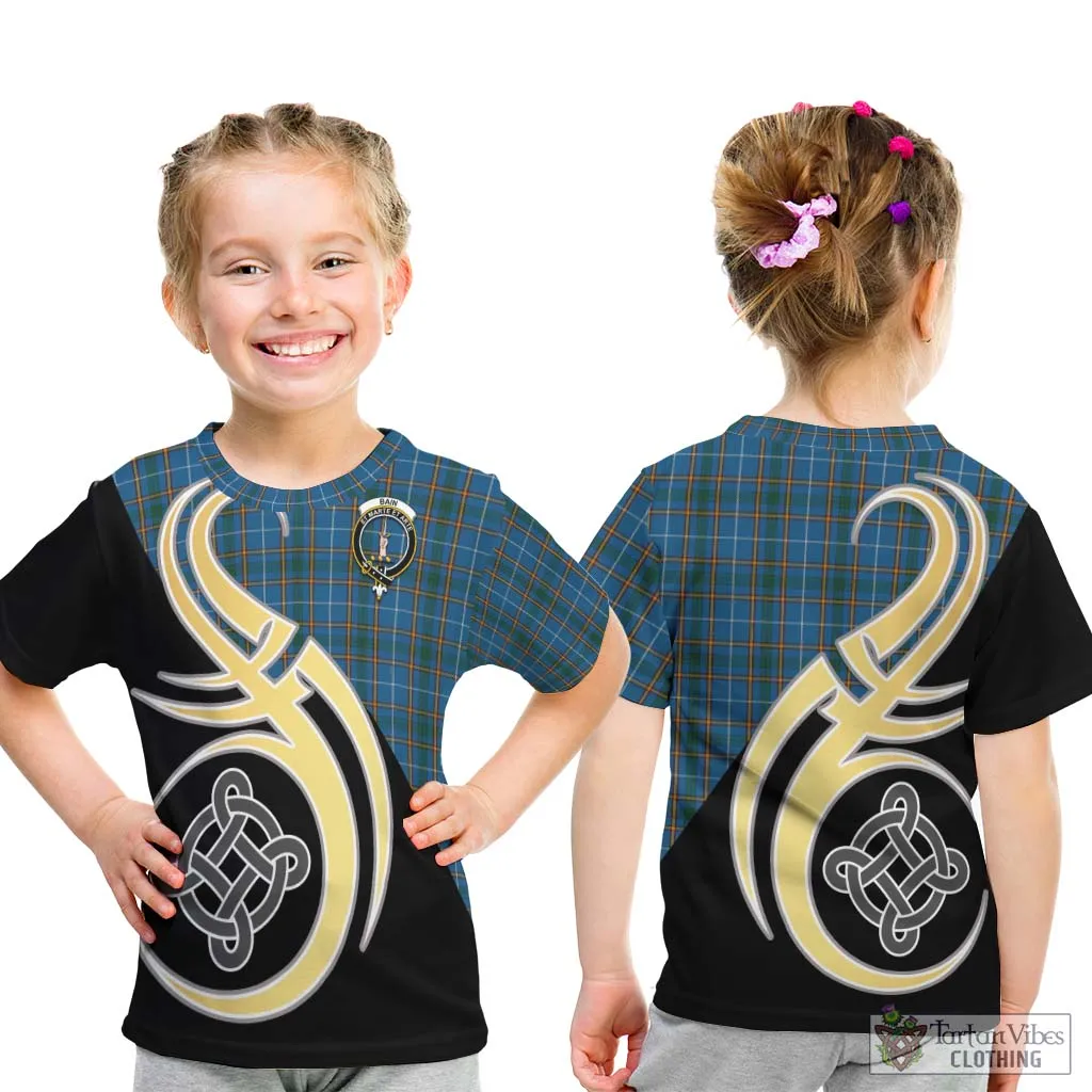 Bain Tartan Kid T-Shirt with Family Crest and Celtic Symbol Style