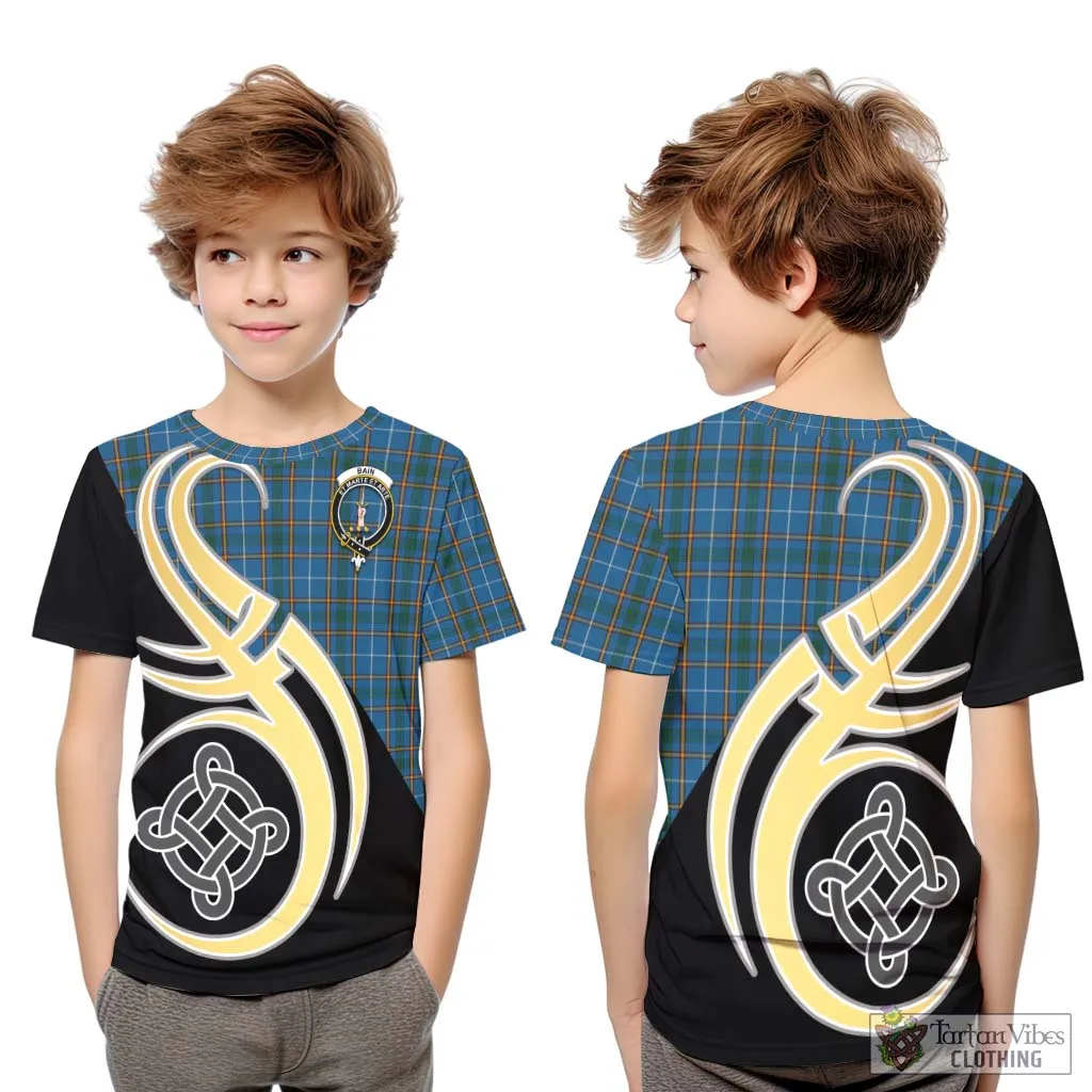 Bain Tartan Kid T-Shirt with Family Crest and Celtic Symbol Style