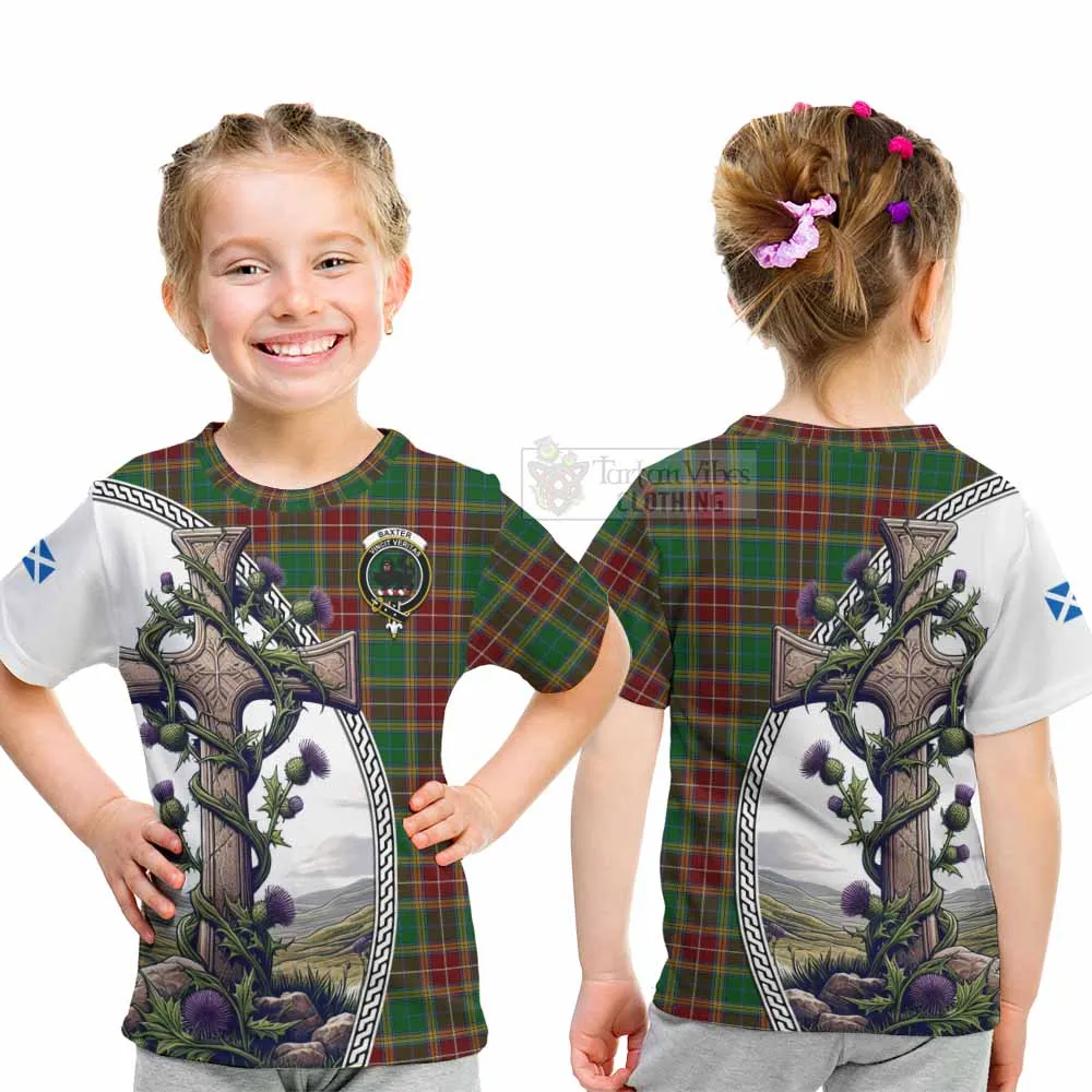 Baxter Tartan Kid T-Shirt with Family Crest and St. Andrew's Cross Accented by Thistle Vines