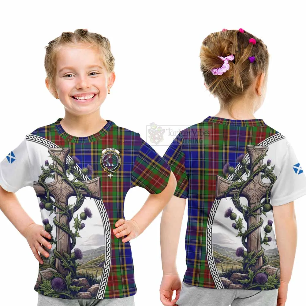 Beattie (Beatty) Tartan Kid T-Shirt with Family Crest and St. Andrew's Cross Accented by Thistle Vines