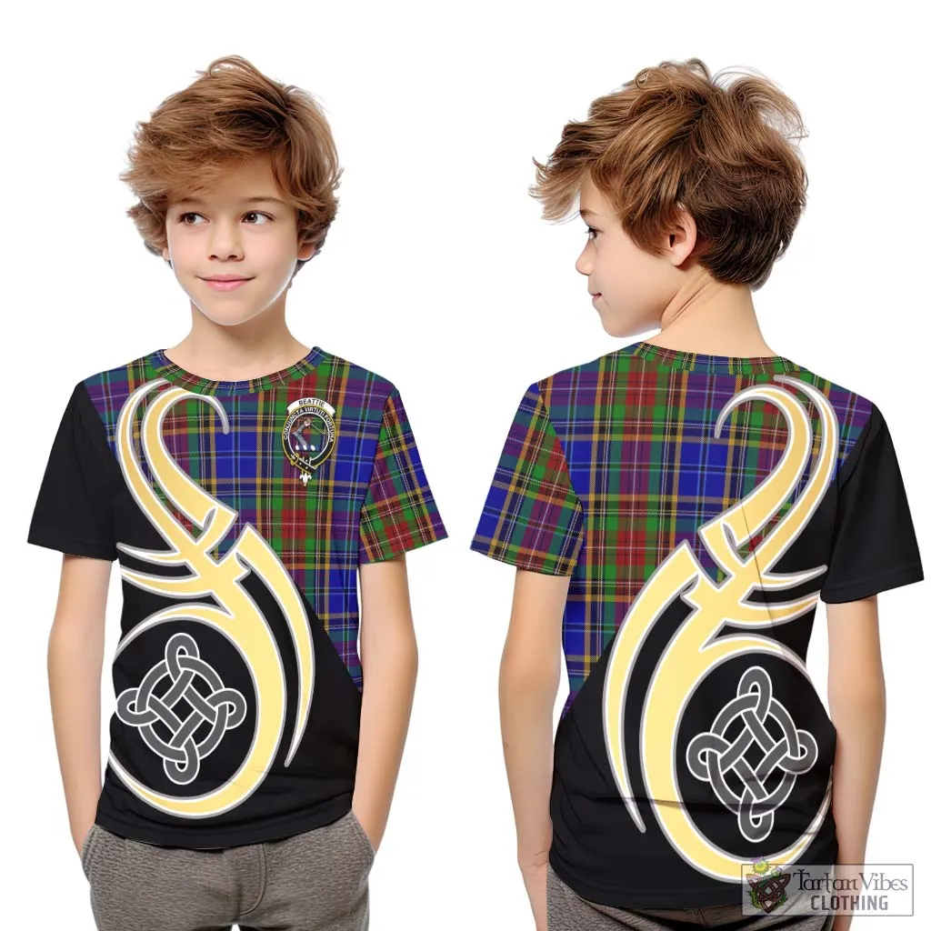 Beattie Tartan Kid T-Shirt with Family Crest and Celtic Symbol Style