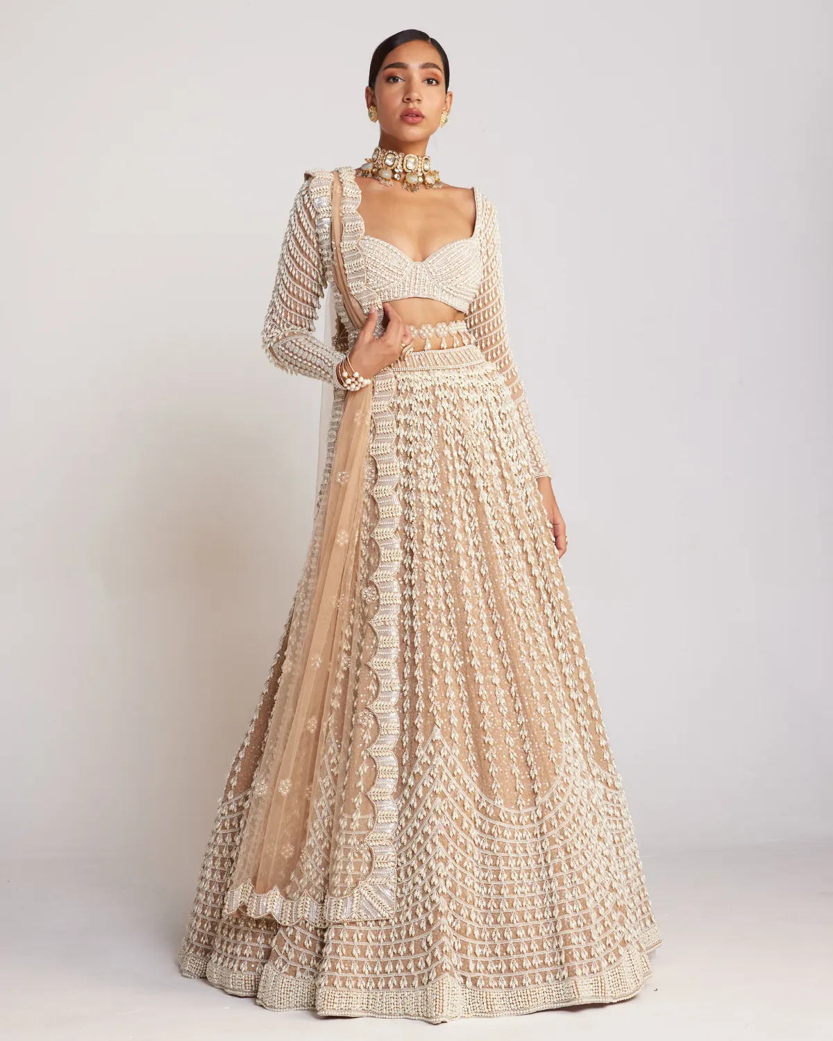 Beige Chandelier Pearl Embellished Lehenga Set