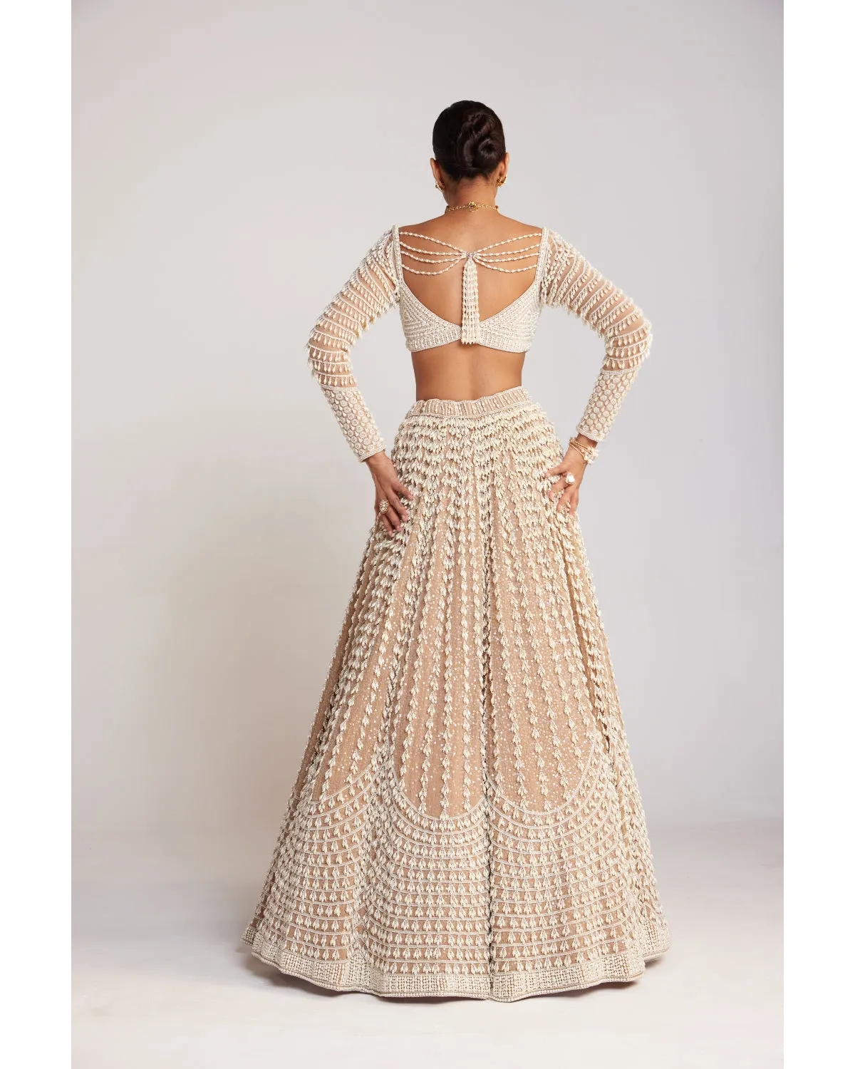 Beige Chandelier Pearl Embellished Lehenga Set