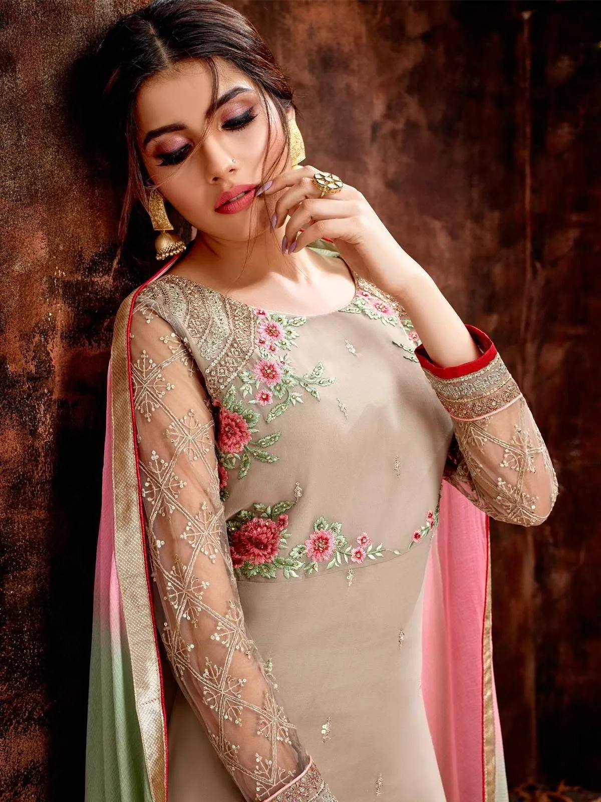 Beige Multi Colour Traditional Embroidered Pakistani Pant Suit