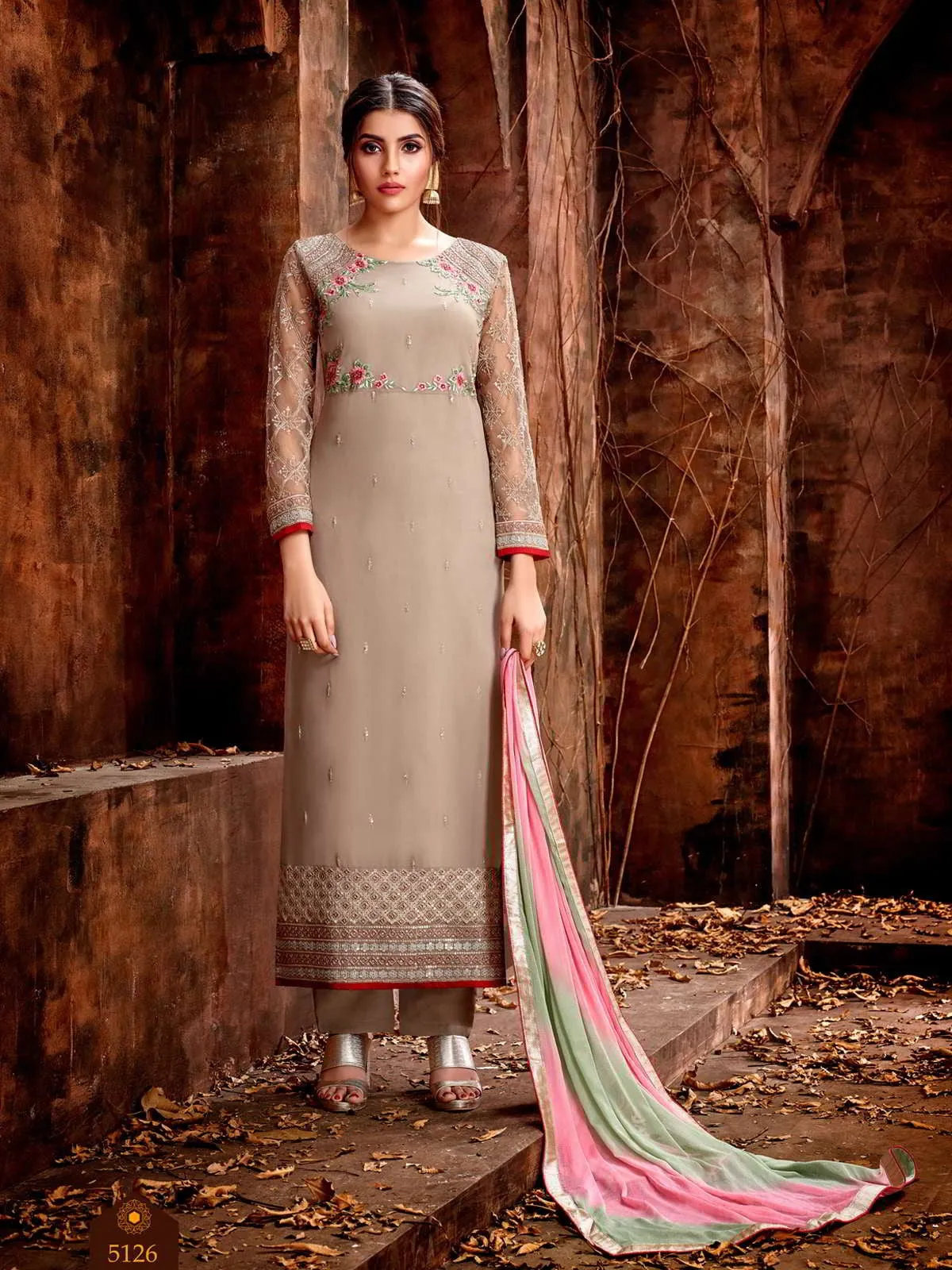 Beige Multi Colour Traditional Embroidered Pakistani Pant Suit