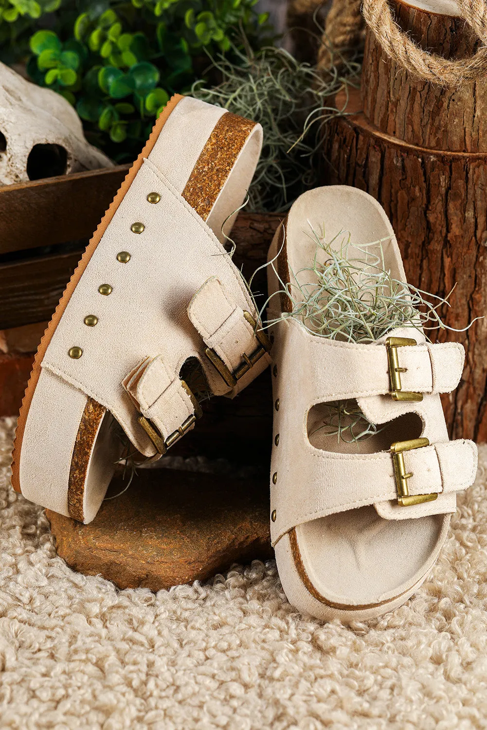 Beige Suede Buckle Decor Footbed Sandal Slippers