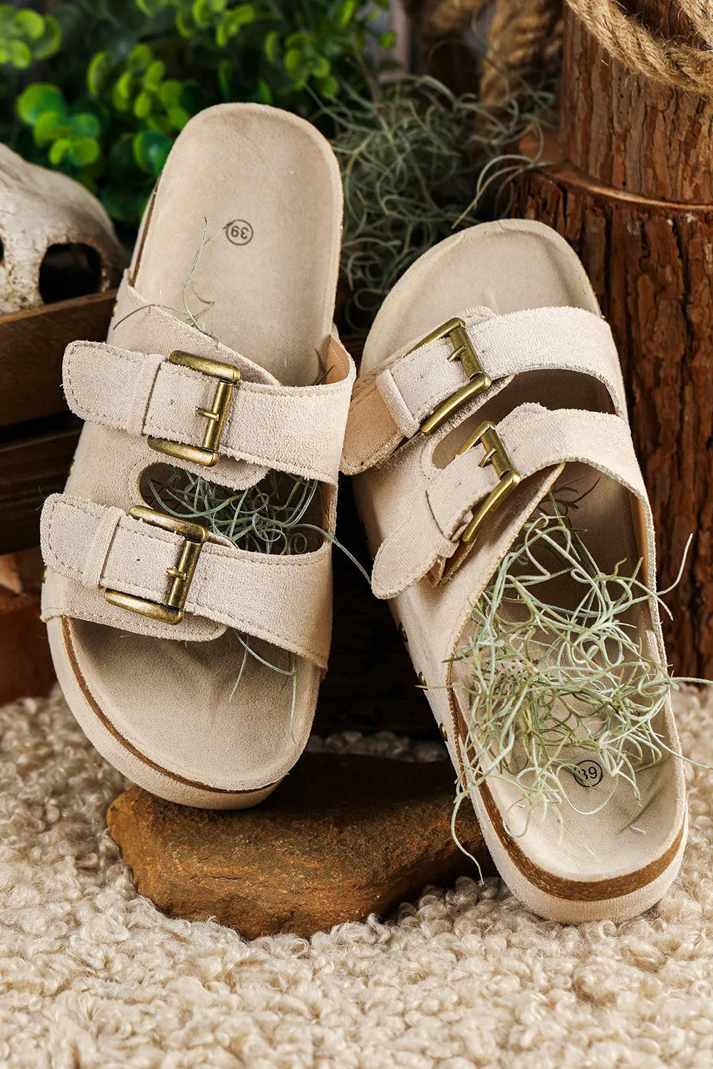 Beige Suede Buckle Decor Footbed Sandal Slippers