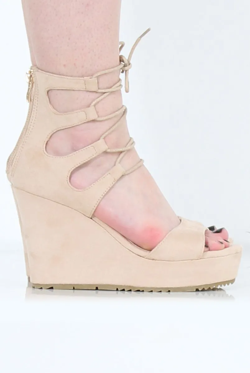 Beige Suede Tie Up Wedges - Magna