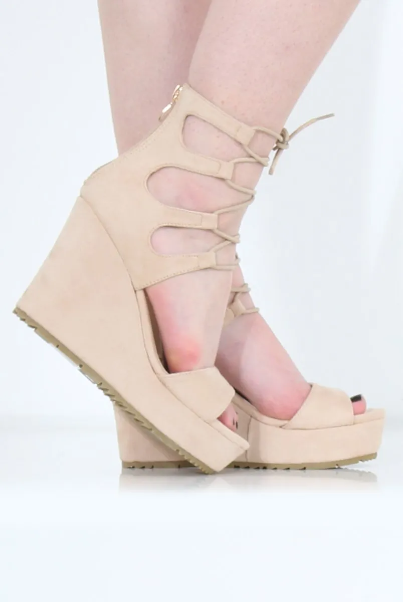 Beige Suede Tie Up Wedges - Magna