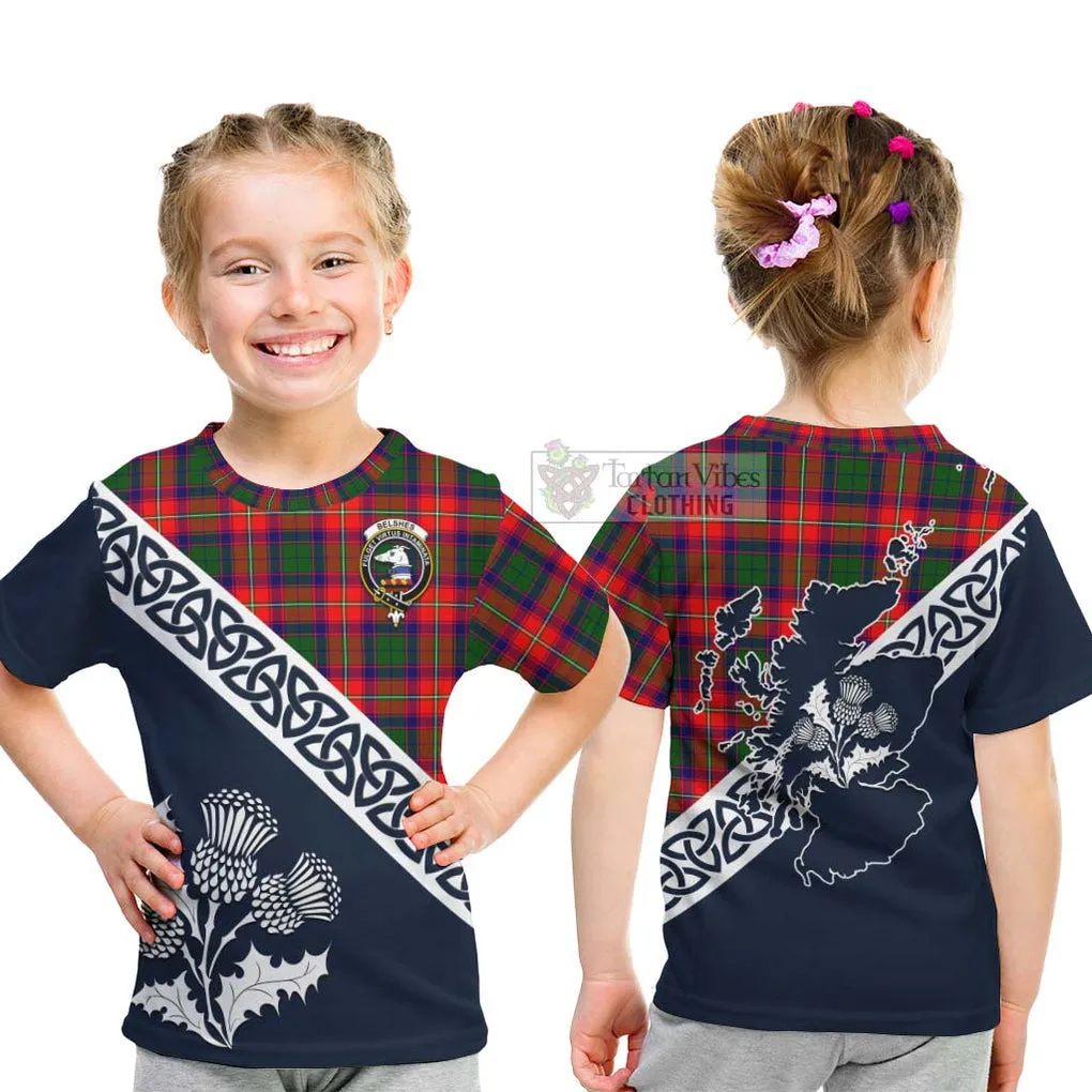 Belshes (Belsches) Tartan Kid T-Shirt Featuring Thistle and Scotland Map