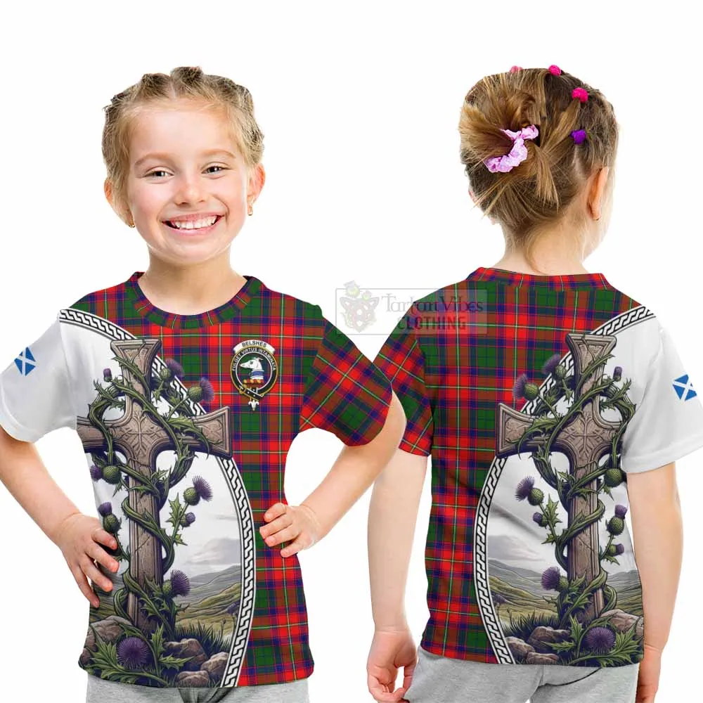 Belshes (Belsches) Tartan Kid T-Shirt with Family Crest and St. Andrew's Cross Accented by Thistle Vines