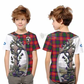 Belshes (Belsches) Tartan Kid T-Shirt with Family Crest and St. Andrew's Cross Accented by Thistle Vines