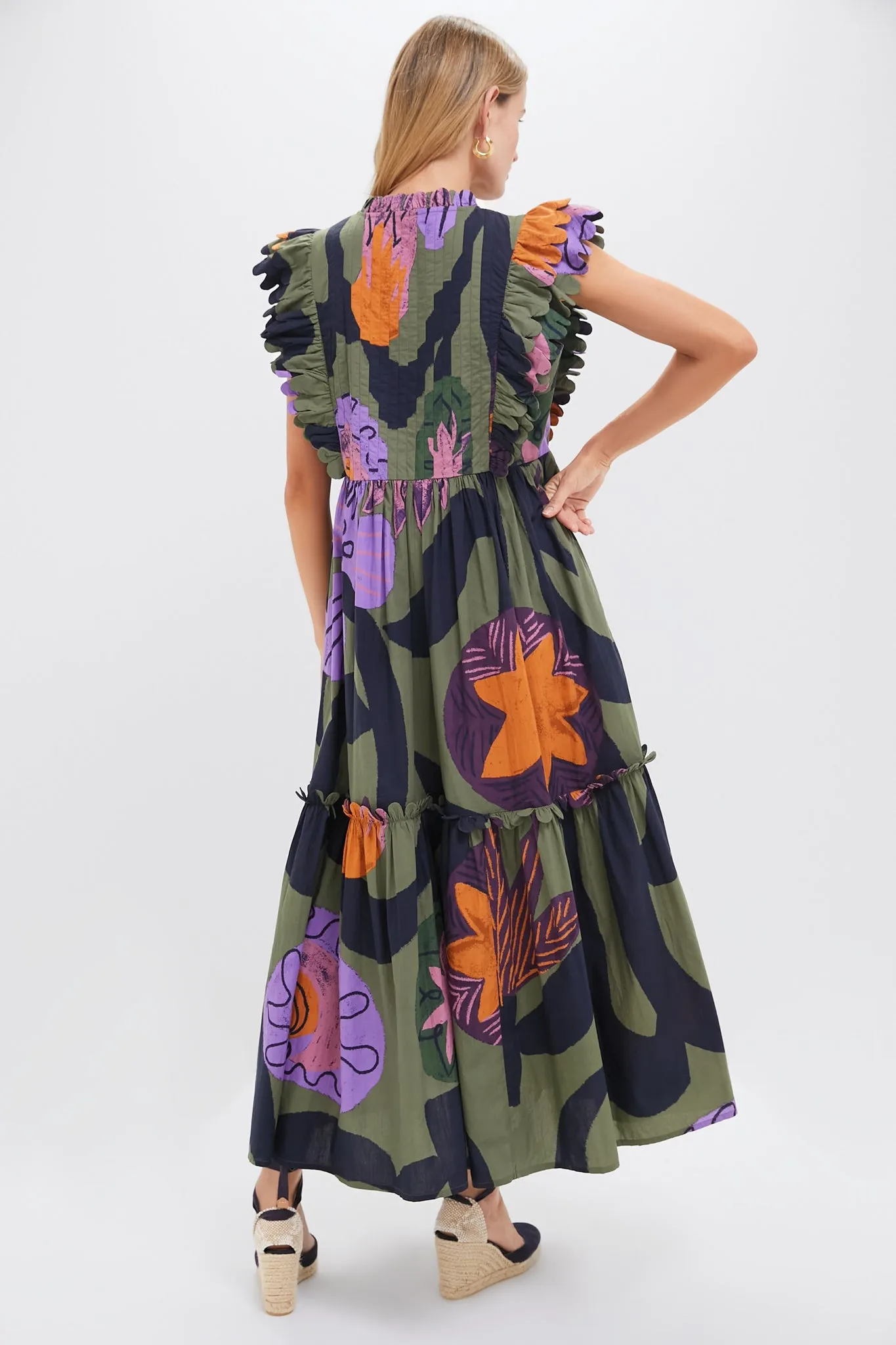 Bergen Olive Scallop Pintuck Maxi Dress