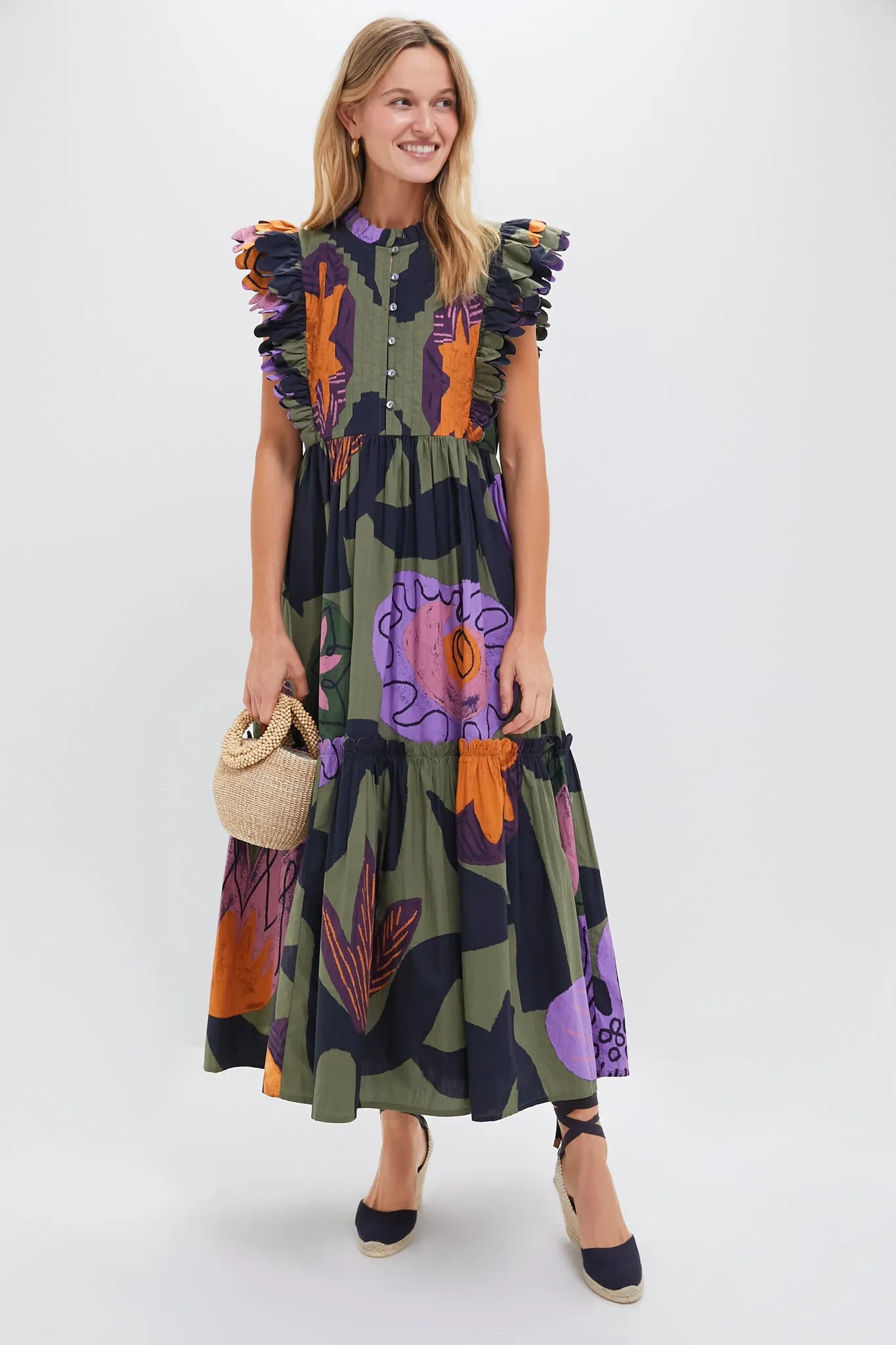 Bergen Olive Scallop Pintuck Maxi Dress