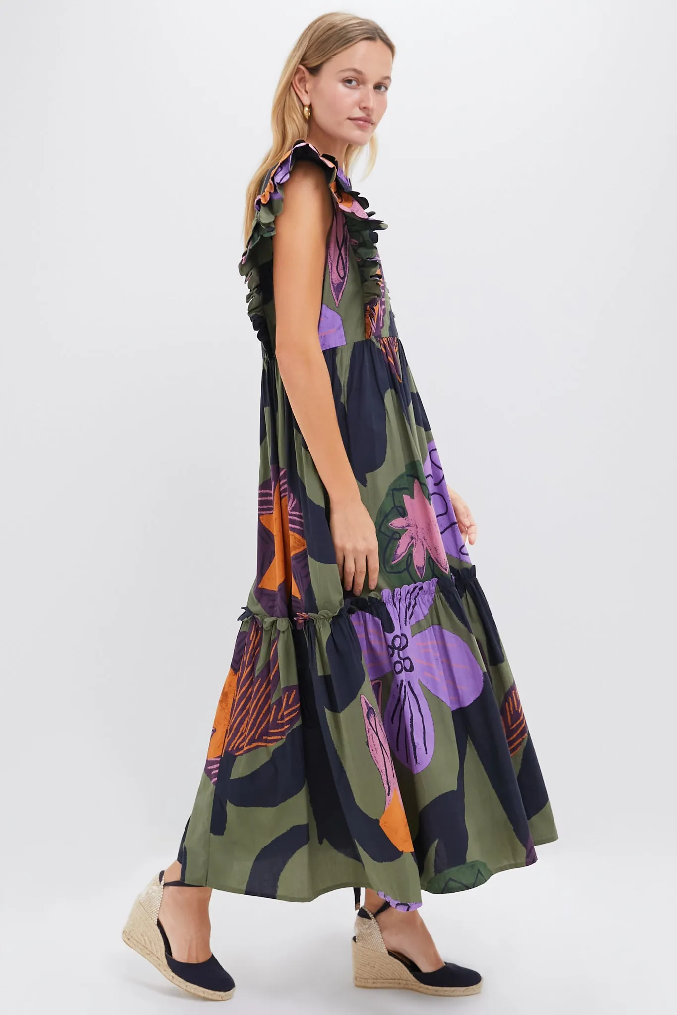 Bergen Olive Scallop Pintuck Maxi Dress