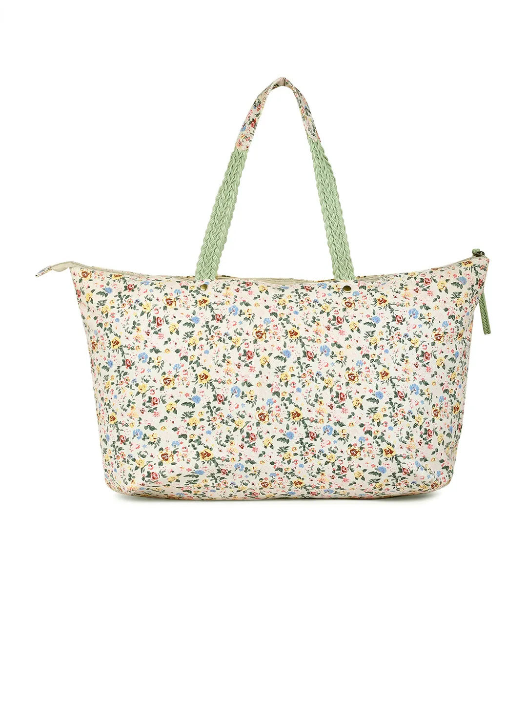 Berrylush Women White Floral Printed Canvas Zipper-Up Oversized Tote Bag