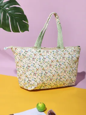 Berrylush Women White Floral Printed Canvas Zipper-Up Oversized Tote Bag