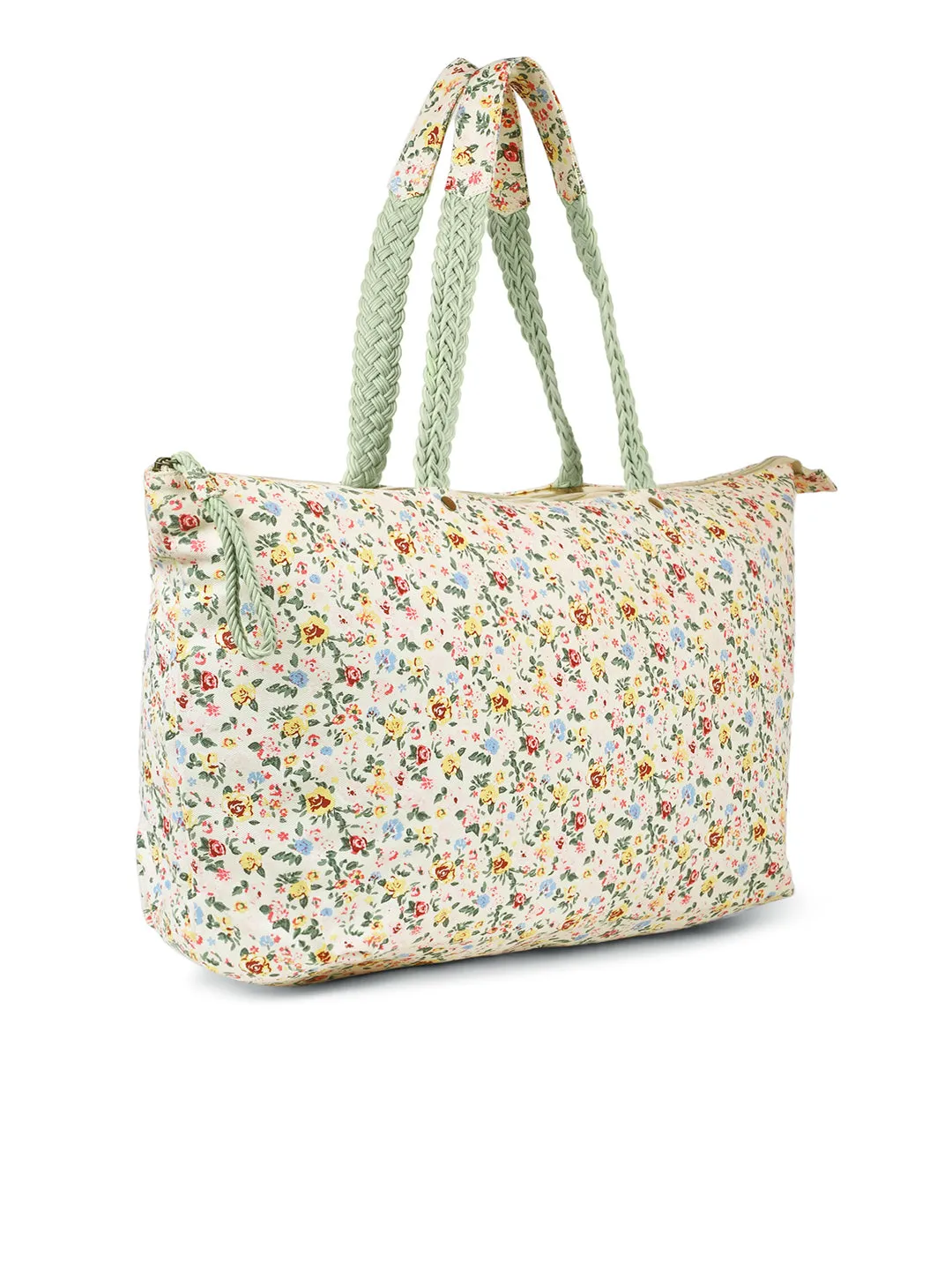 Berrylush Women White Floral Printed Canvas Zipper-Up Oversized Tote Bag