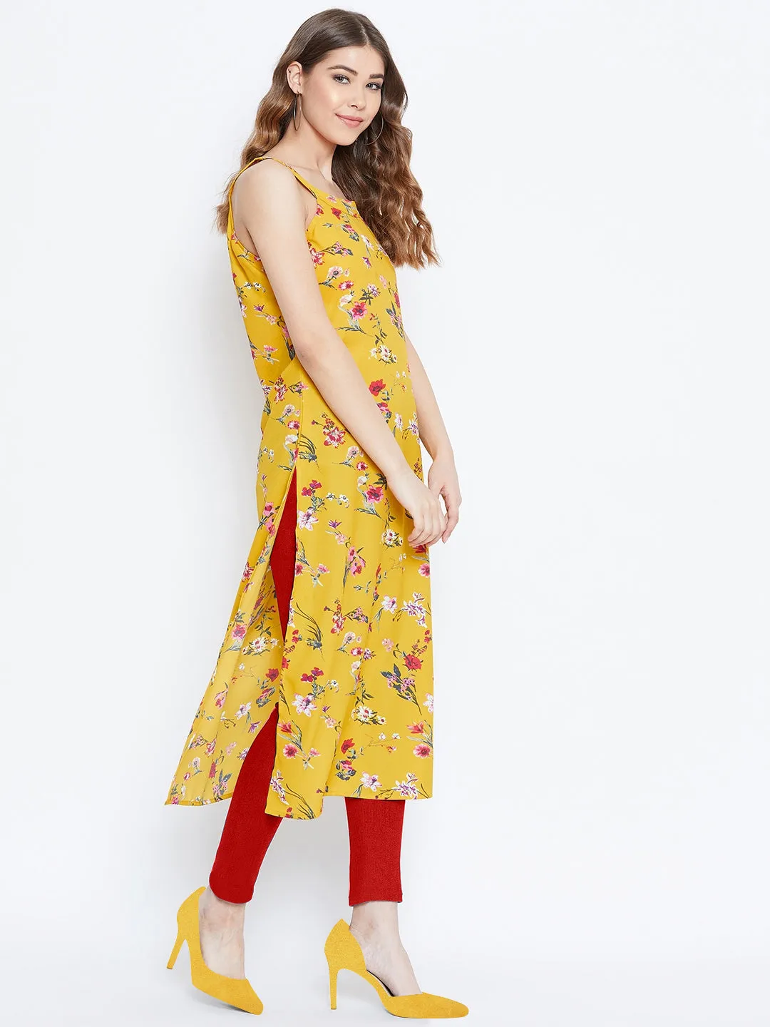 Berrylush Women Yellow Floral Print Sleeveless Straight Kurta