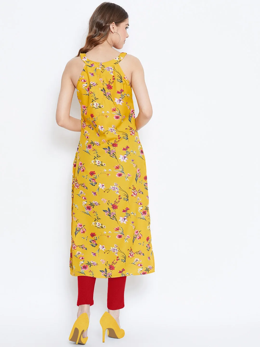 Berrylush Women Yellow Floral Print Sleeveless Straight Kurta