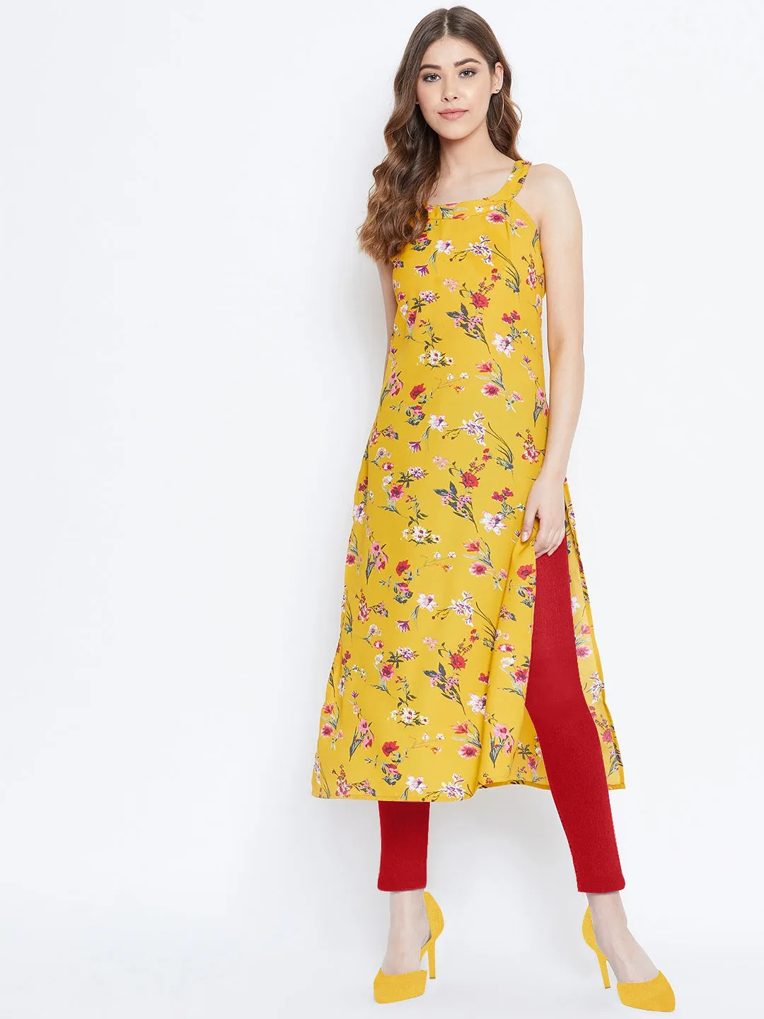 Berrylush Women Yellow Floral Print Sleeveless Straight Kurta