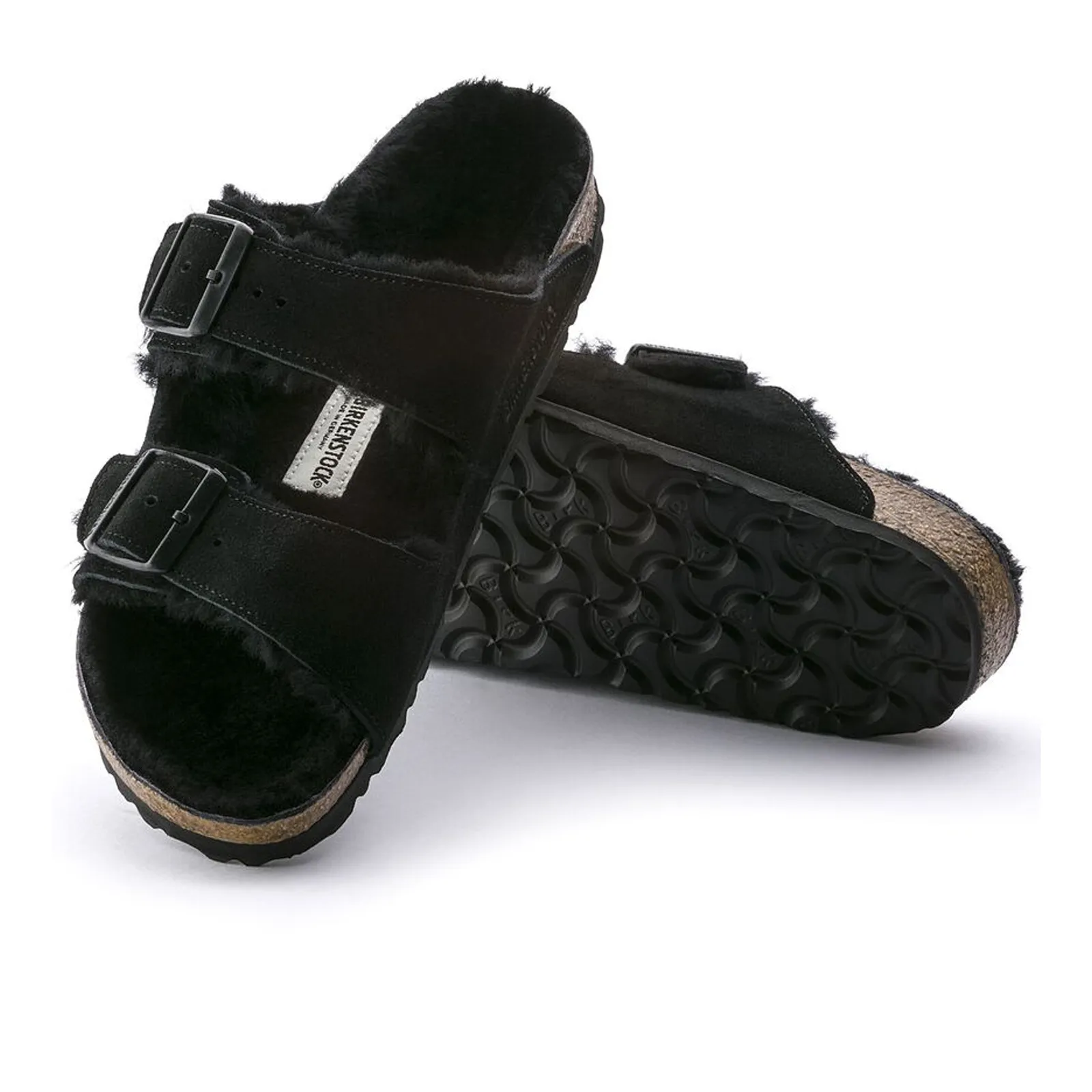 Birkenstock Arizona Slide Sandal (Women) - Black Suede/Black Shearling